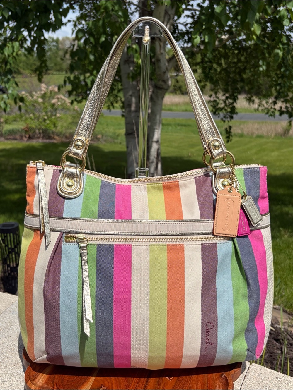 Coach Poppy Glam Tote Legacy Stripe Sequin 19021 Like New